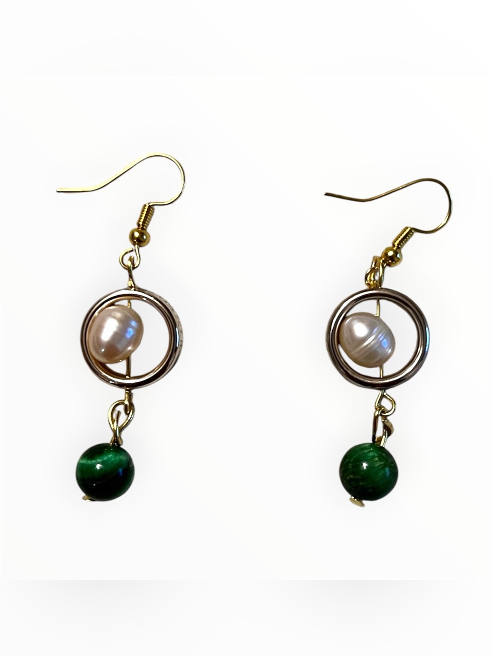 Gold-Tone Drop Earrings with Freshwater Pearl and Green Tiger’s Eye Gemstone